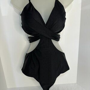 CUPSHE Women's One Piece Swimsuit Front Wrap Ties Back Color Black, Sz Med